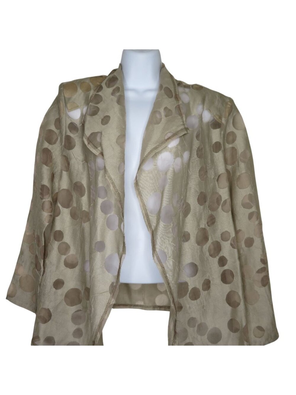 Vintage Sheer Beige Polka Dot Jacket Lightweight Open Front Cover-Up M Boho Mod